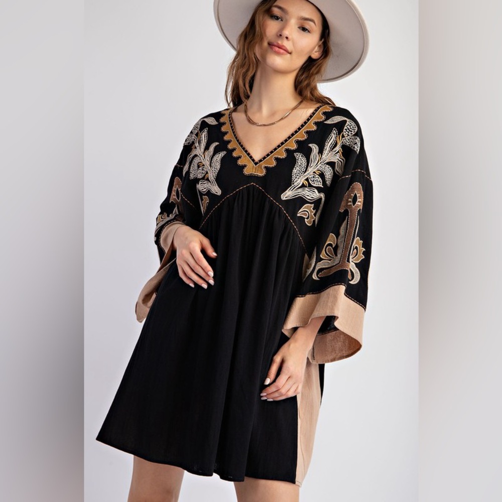 Easel Black and Tan Embroidered Maxi Dress